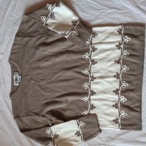 Segue Vintage 90s Tan White Cottagecore Boho Crewneck Sweater Size Small